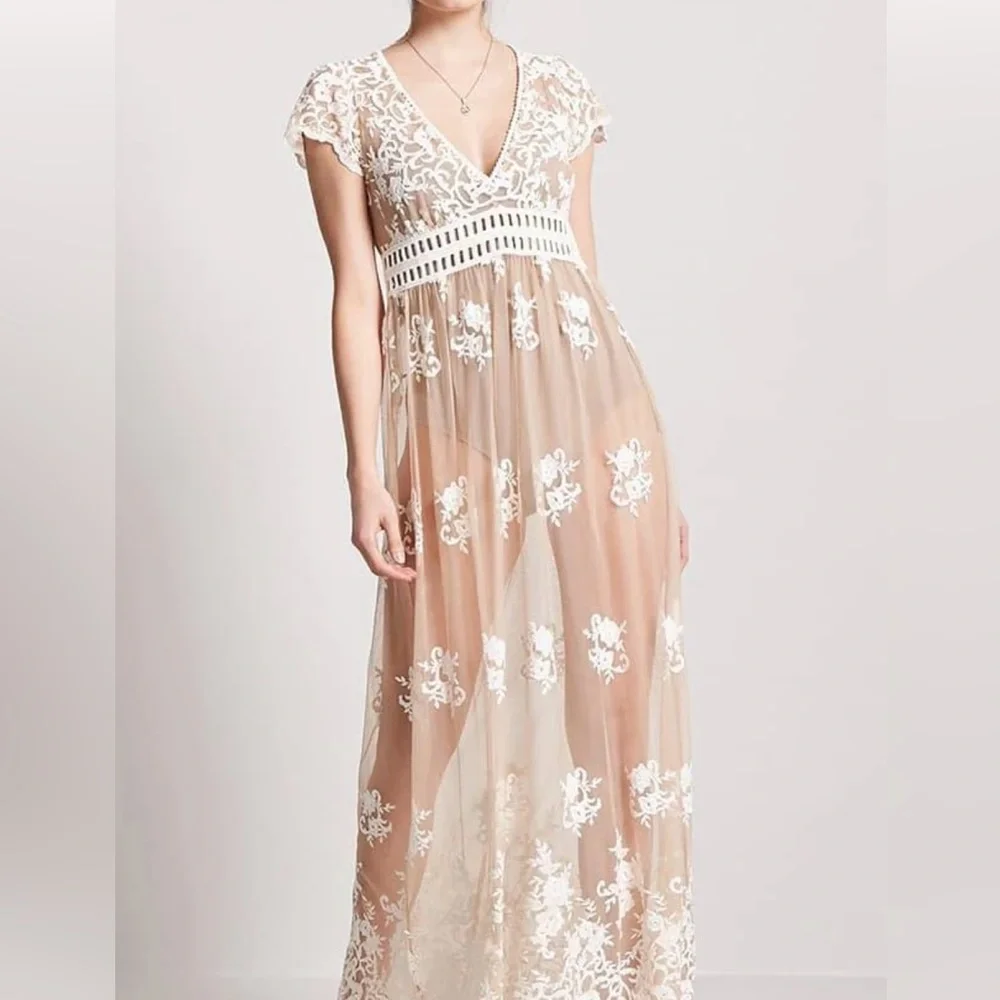 NWOT, Forever 21 Tan Pink Flutter Sleeve V-Neck Mesh Embroidered Gown - Picture 1 of 9
